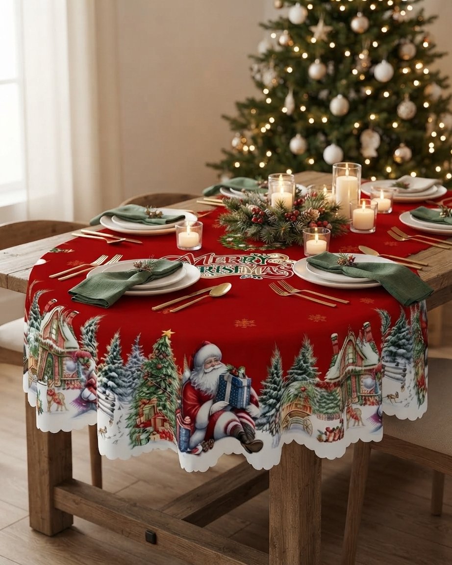 Christmas Tablecloth – Santa & Snowflake Festive Design