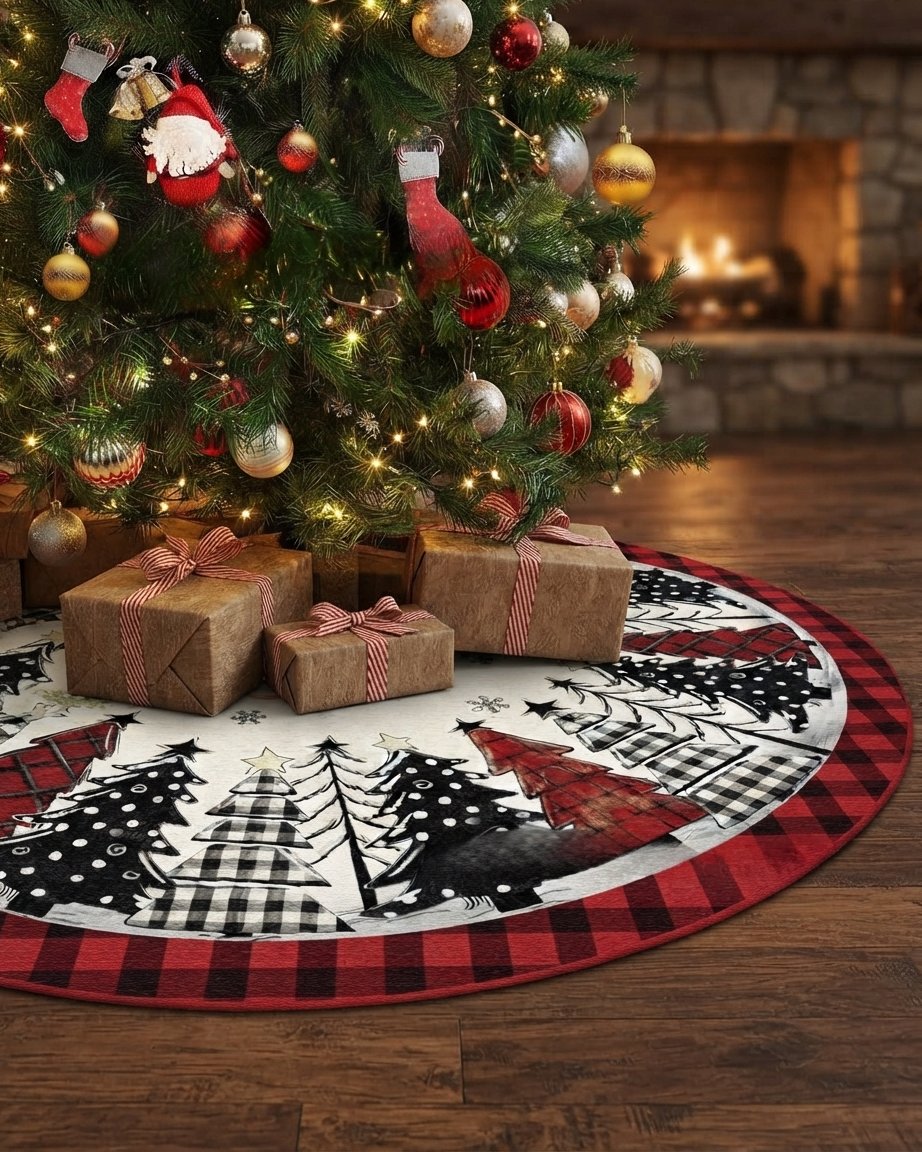 Christmas Tree Skirt, Buffalo Check Patchwork, Round Fabric
