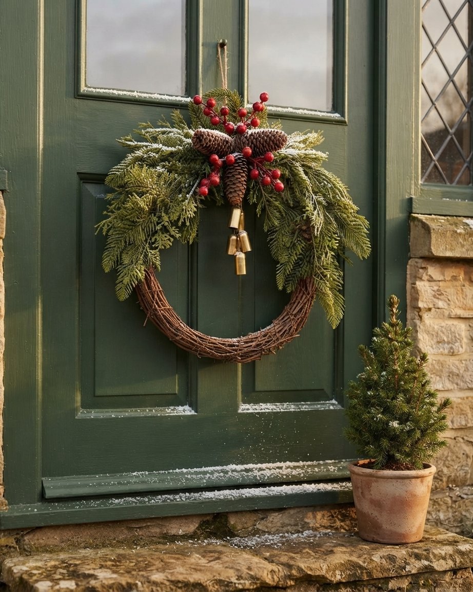 Christmas Wreath with Pinecones, Berries & Golden Bells