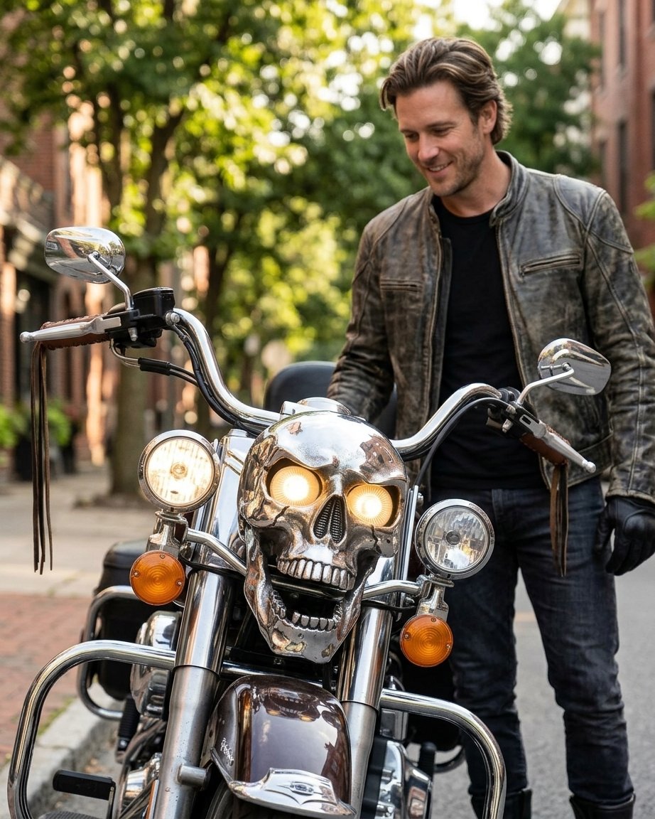 Chrome Skull LED Motorcycle Headlight with Glowing Eyes