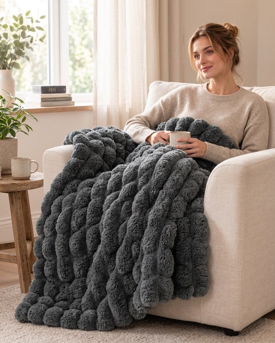 Chunky Ribbed Velvet Throw, Bubble Texture, Anti-Pilling