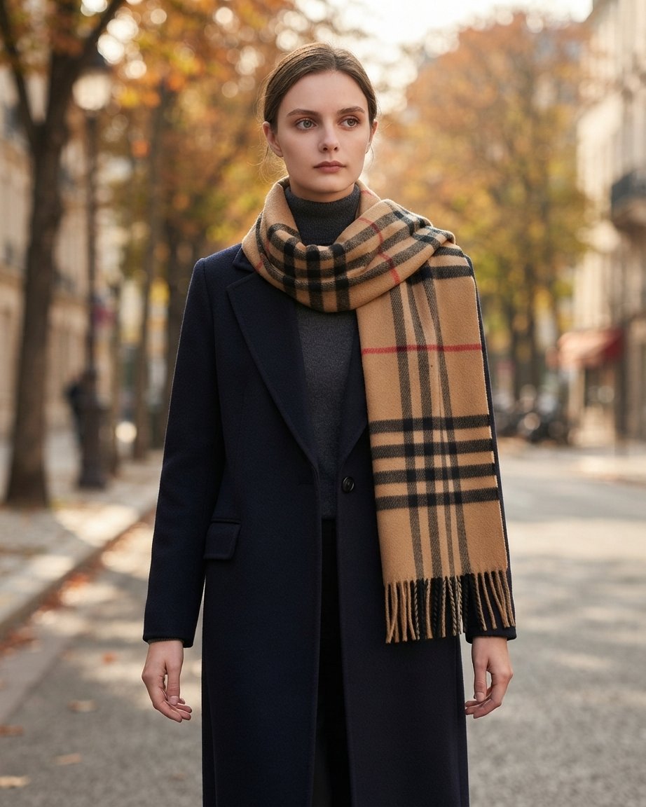 Classic Check Scarf with Fringe, Wool-Feel Wrap