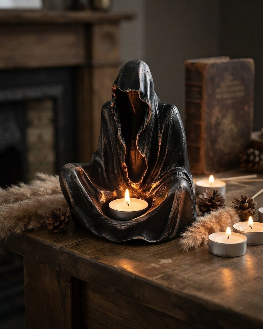 Cloaked Figure Tealight Holder – Gothic Resin Sculpture