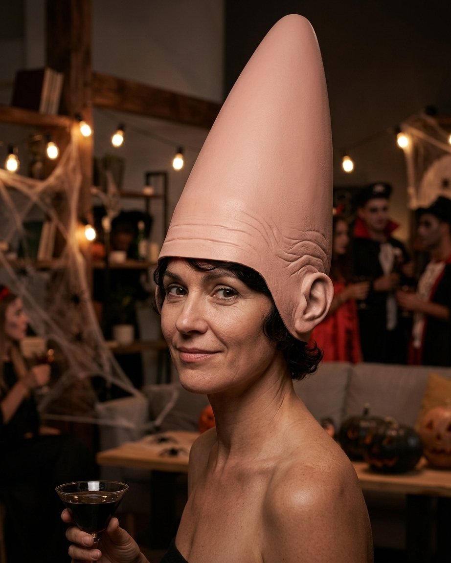 Conehead Halloween Costume Headpiece with Moulded Ears and Forehead Wrinkles – Latex Mask