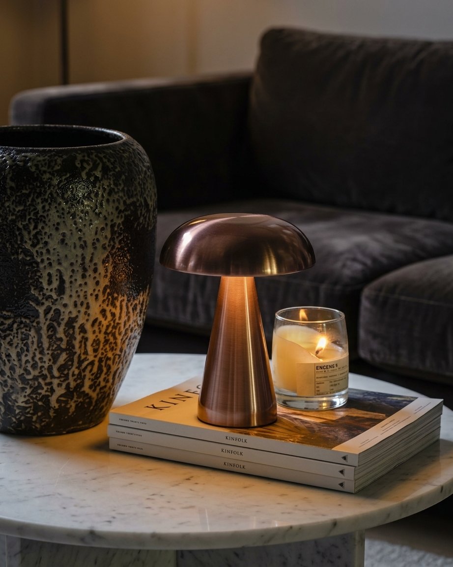 Cordless Mushroom Table Lamp in Brushed Rose Gold