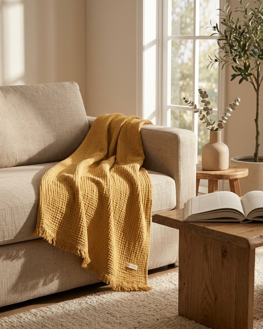 Cotton Crinkle Throw with Tassels, 100% Cotton