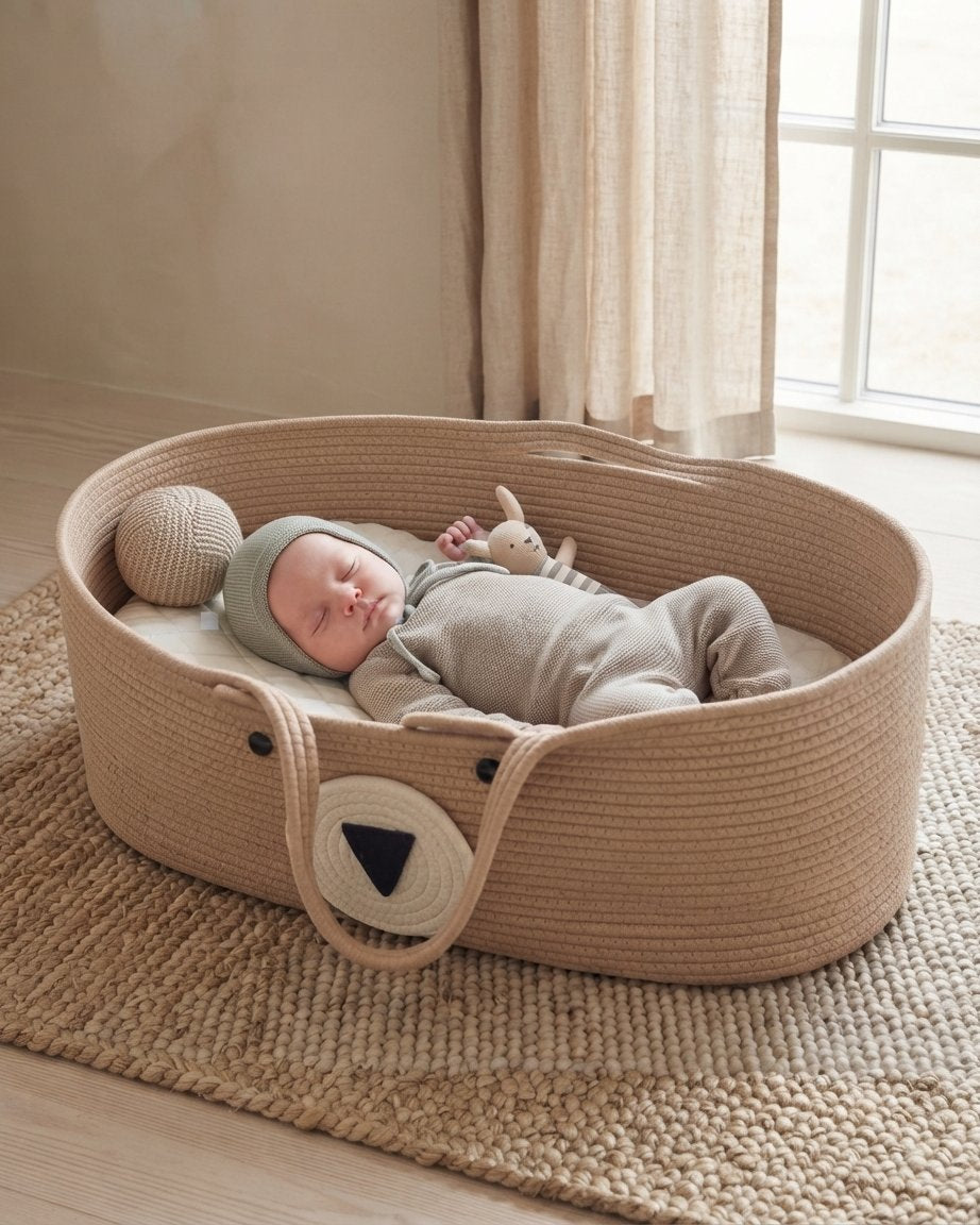 Cotton Rope Moses Basket with Bear Detail and Handles