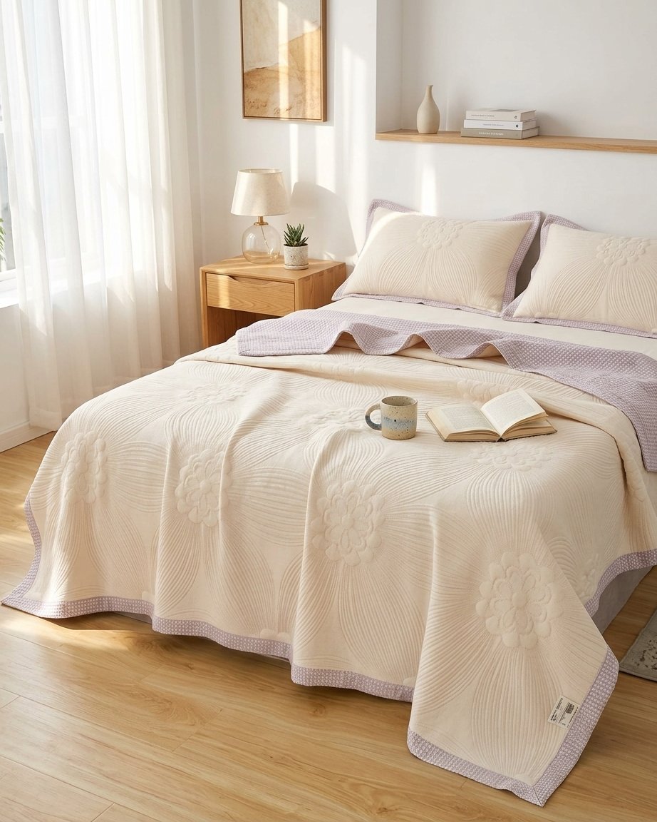 Cotton Summer Coverlet with Floral Texture, UK Sizes