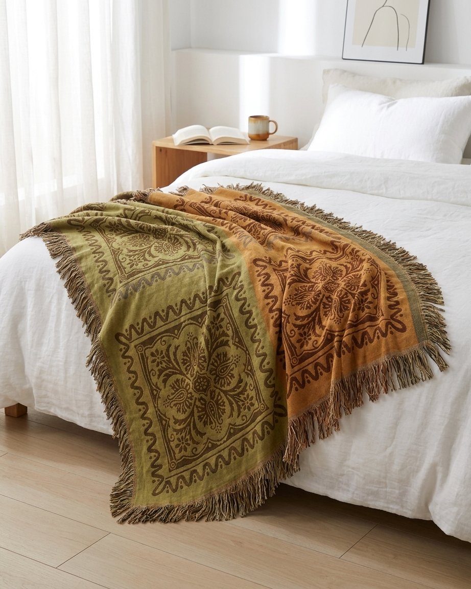 Cotton Tassel Throw Blanket with Mandala Pattern
