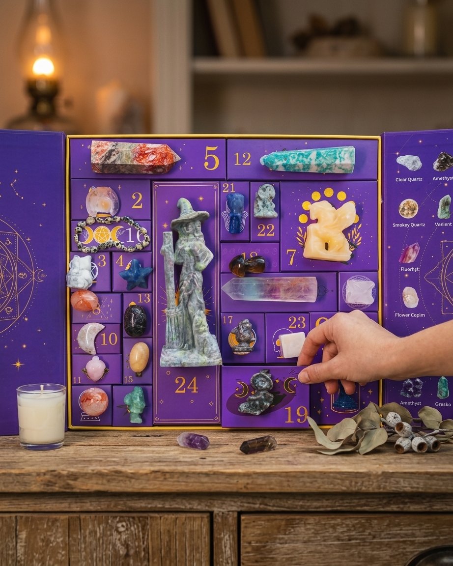 Crystal Advent Calendar with 24 Gemstones, Carved Figurines and Zodiac Reference Charts