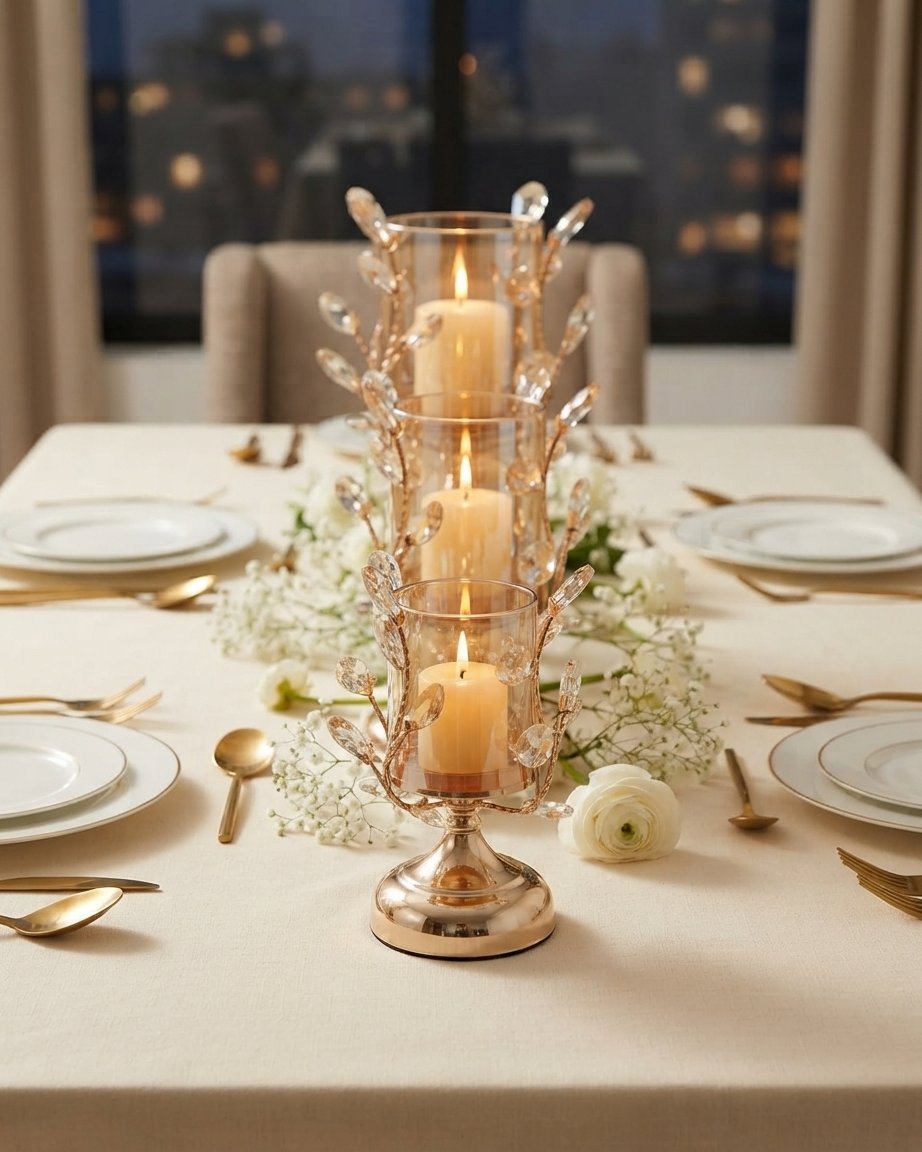 Crystal Petal Candle Holder with Glass Hurricane