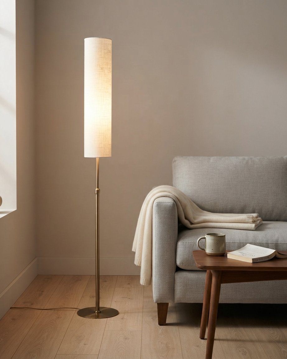 Cylindrical Floor Lamp with Fabric Shade and Metal Base