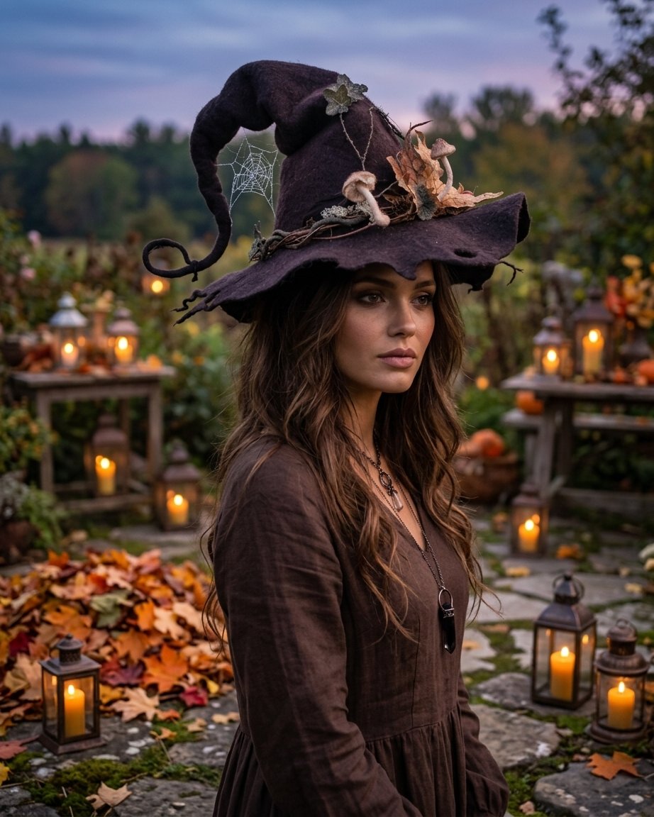 Decorated Witch Hat with Felted Wool, Forest Embellishments and Whimsical Curled Tip