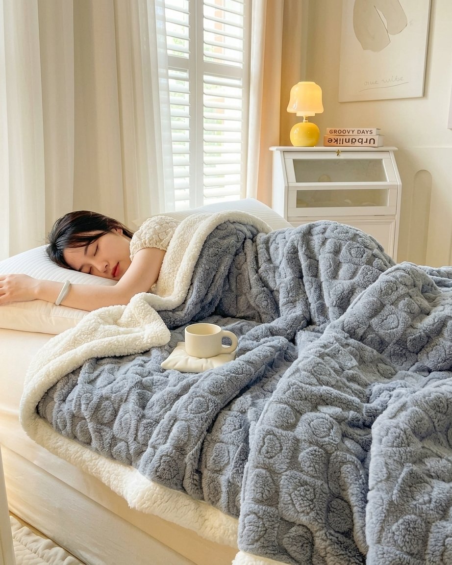 Double-Layer Berber Fleece Throw Blanket, Heart Texture