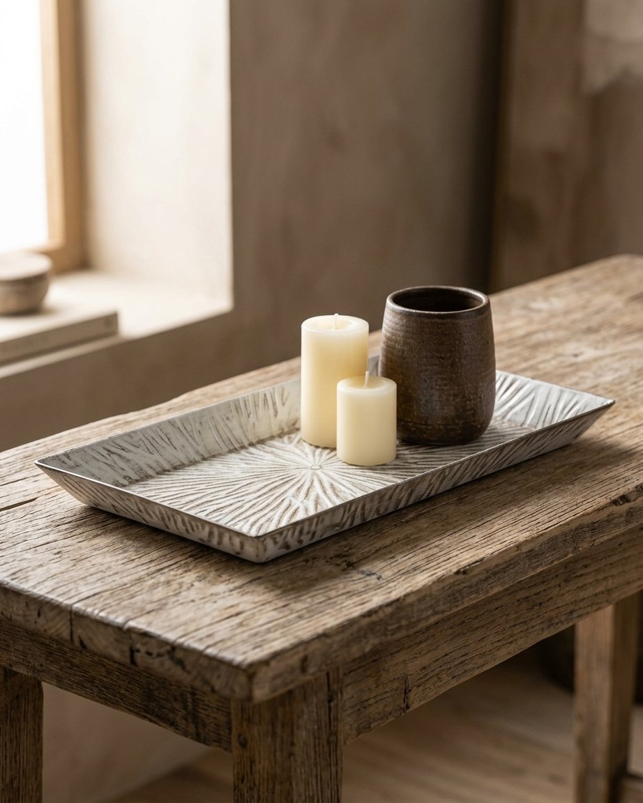 Embossed Iron Decorative Tray, Whitewashed Finish