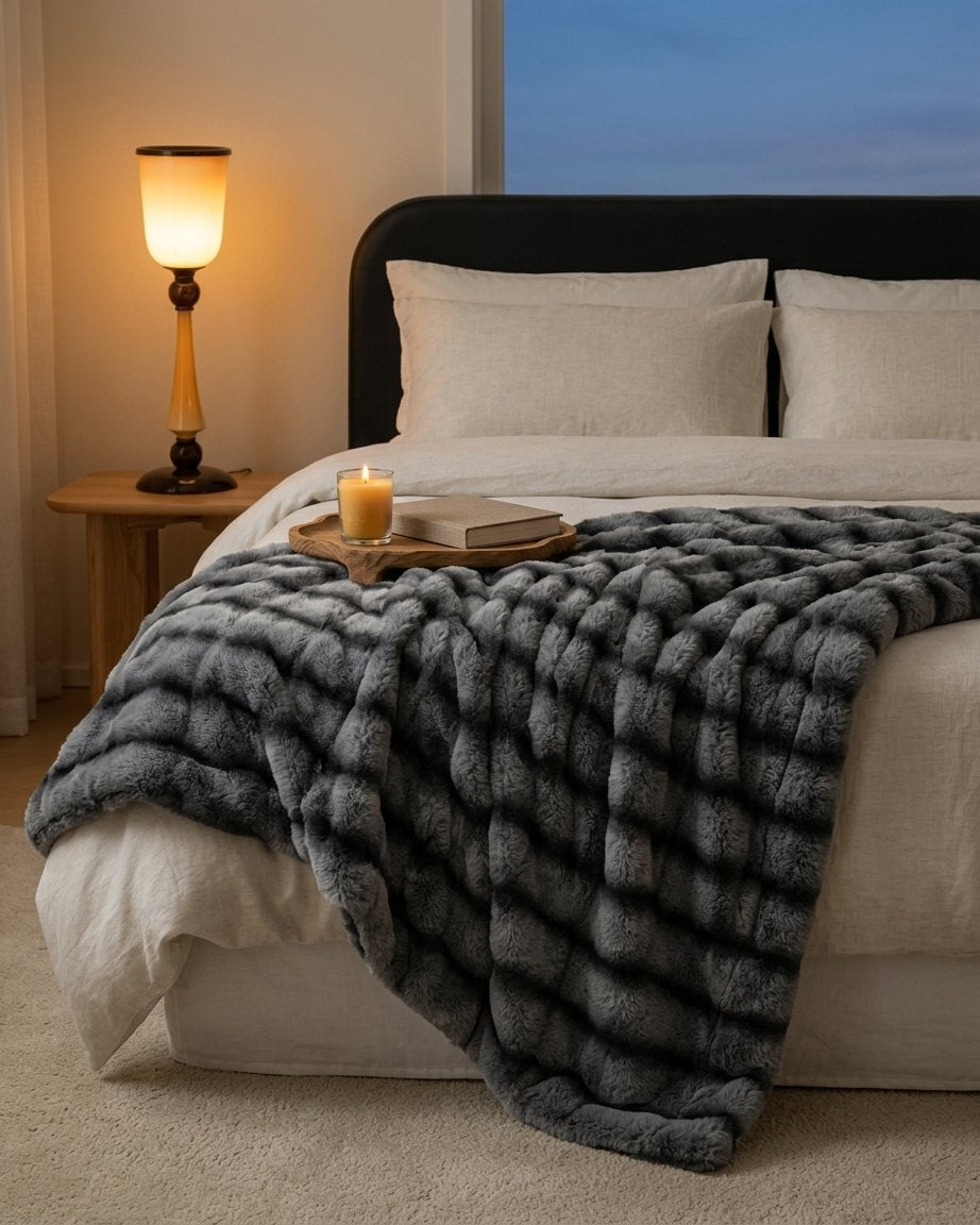 Faux Fur Throw Blanket with Ruched Texture, Ultra-Soft