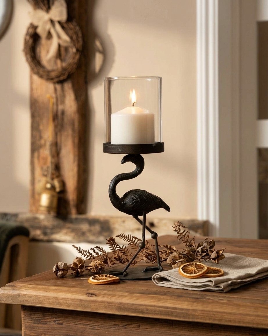 Flamingo Hurricane Candle Holder, Dark Iron and Glass
