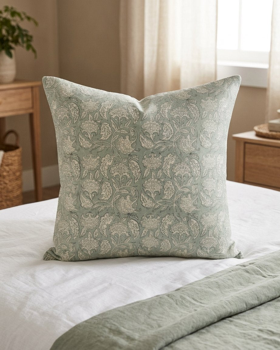 Floral Block-Print Cushion Cover, Soft Sage, 24x24 in