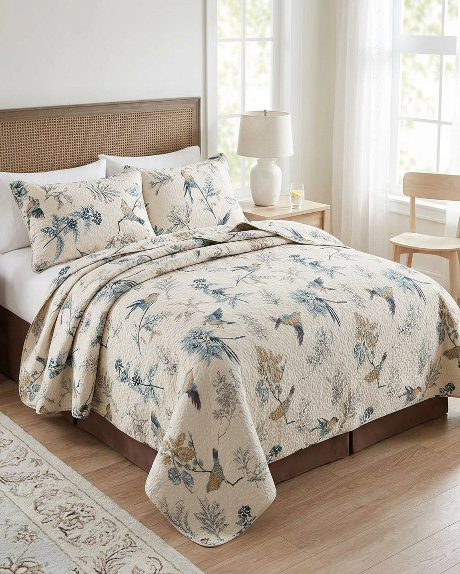 Floral Cotton Quilted Coverlet Set with 2 Pillowcases