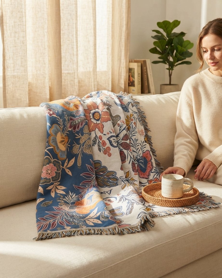 Floral Jacquard Cotton Throw Blanket with Fringe Trim