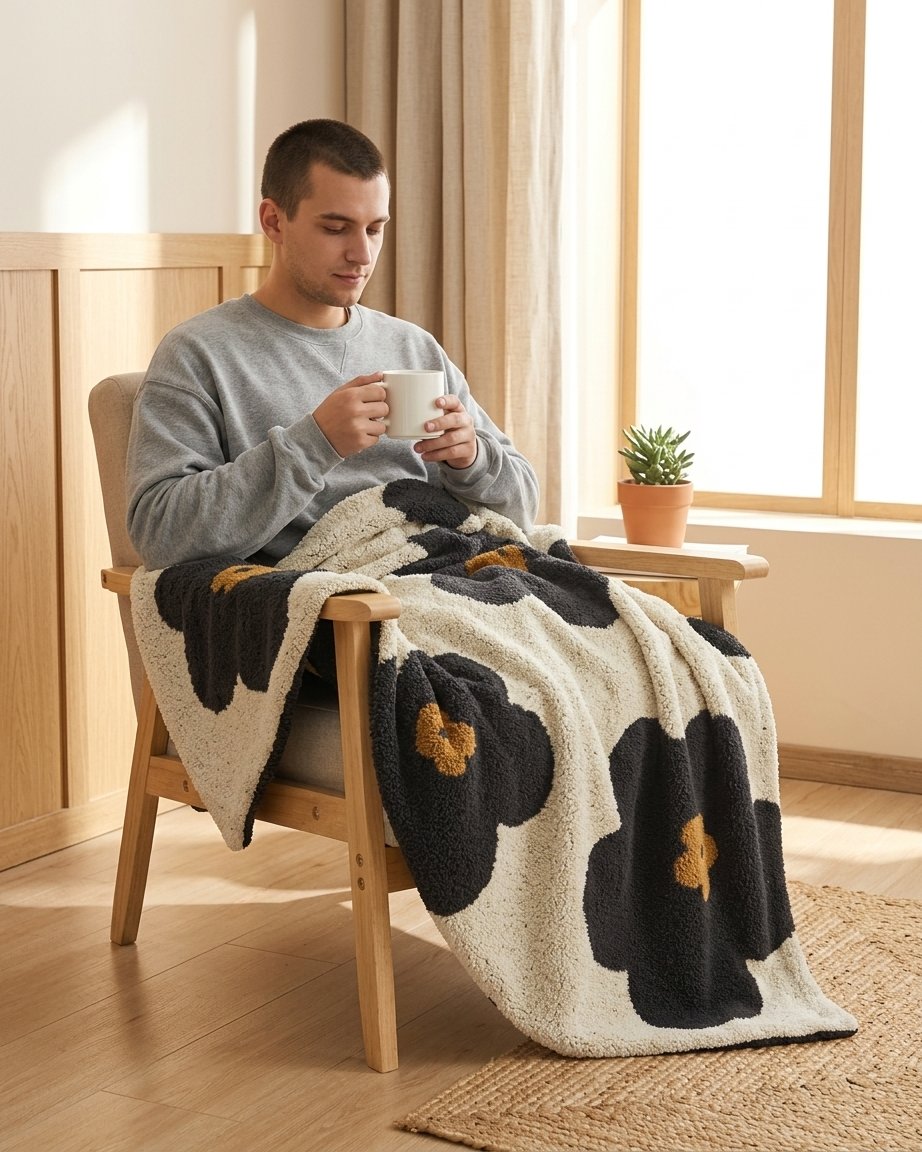 Floral Knitted Throw Blanket – Soft Bouclé, 47×59 in
