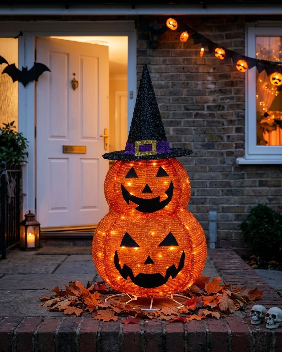 Foldable Light-Up Double Pumpkin Halloween Decoration with 45 LED Lights and Witch Hat, 80 cm