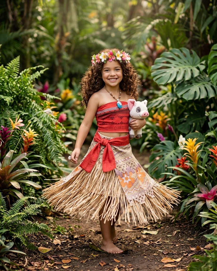 Girls' Island Princess Costume Set with Fringe Skirt, Curly Wig and Flower Crown