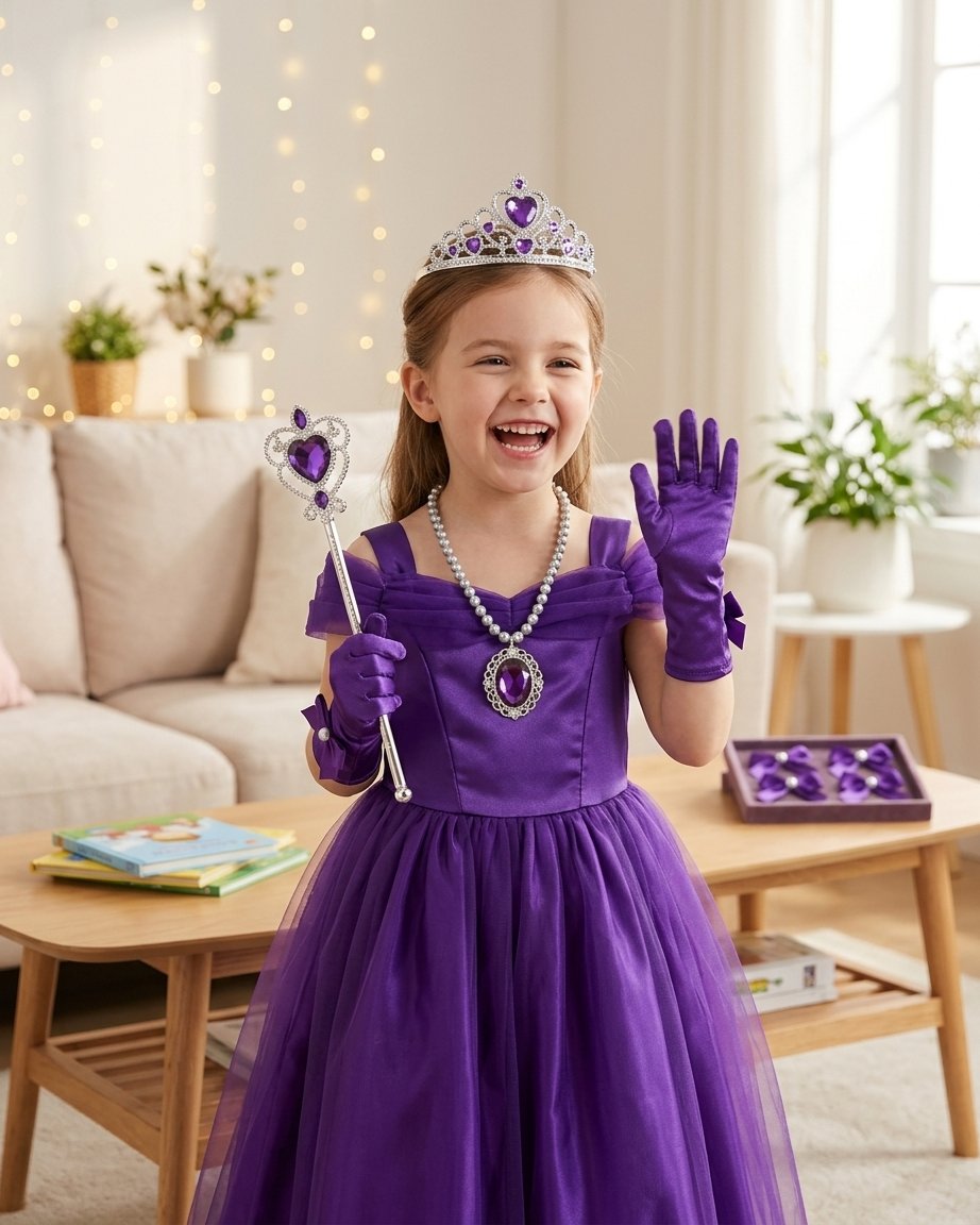 Girls' Princess Dress-Up Accessory Set – Tiara, Wand, Gloves, Necklace, Bracelet, Earrings and Ring