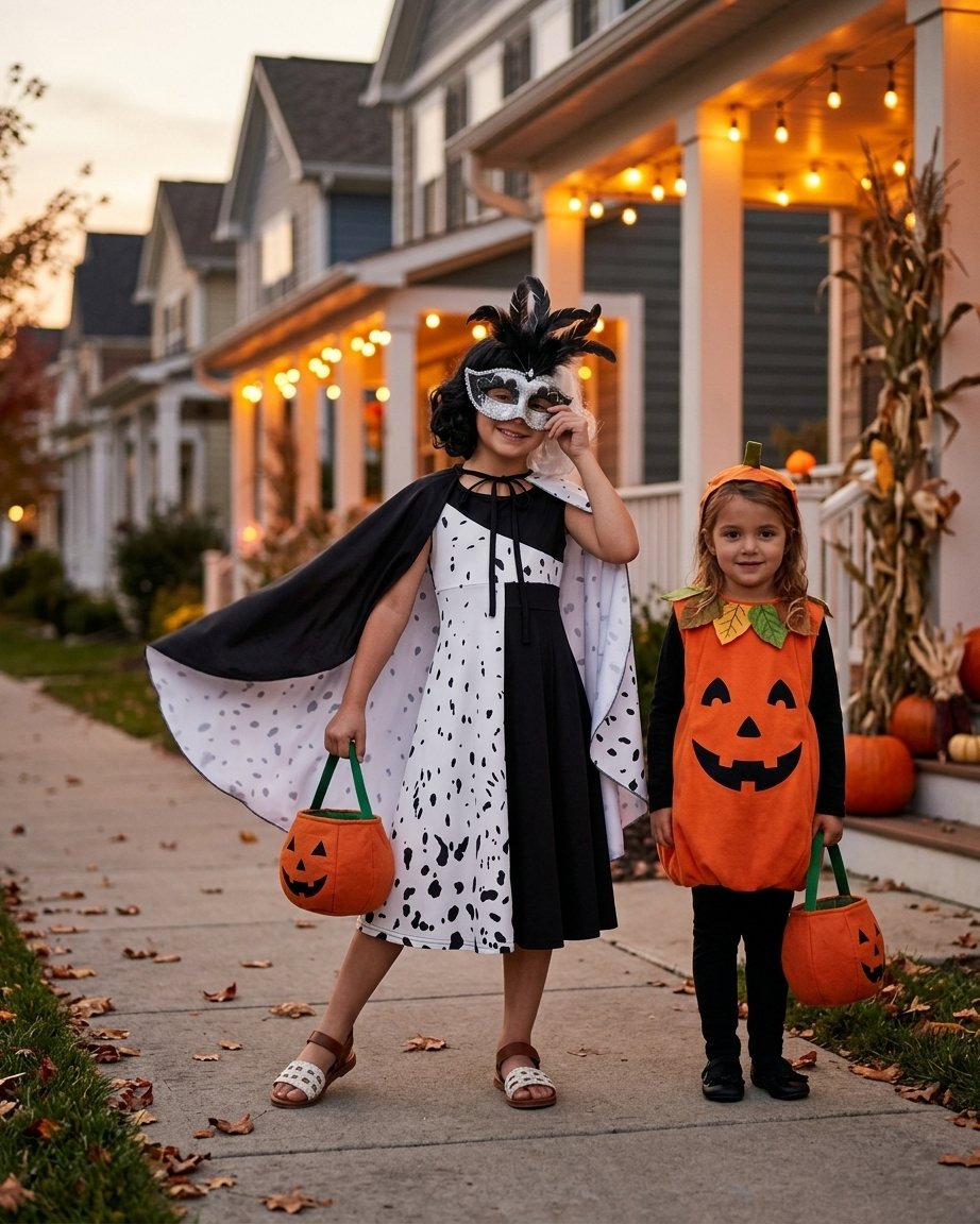 Girls' Split Black and White Villain Costume Set with Cape, Wig and Masquerade Mask