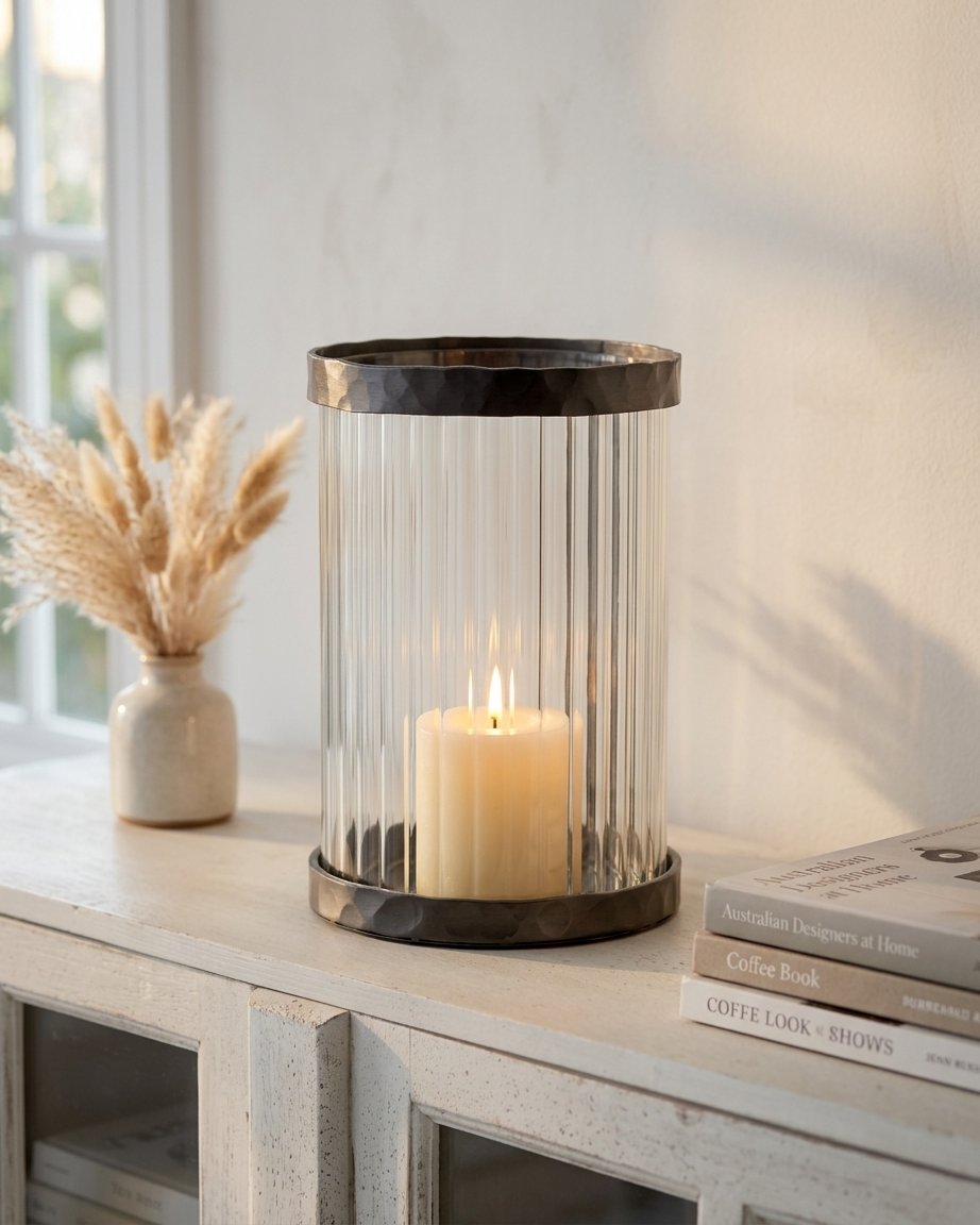 Glass and Aluminium Cylinder Hurricane Candle Holder