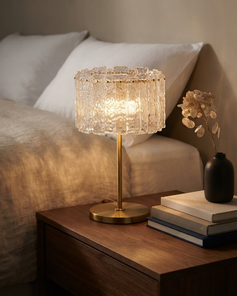 Glass & Brass Table Lamp with Textured Ice-Glass Shade
