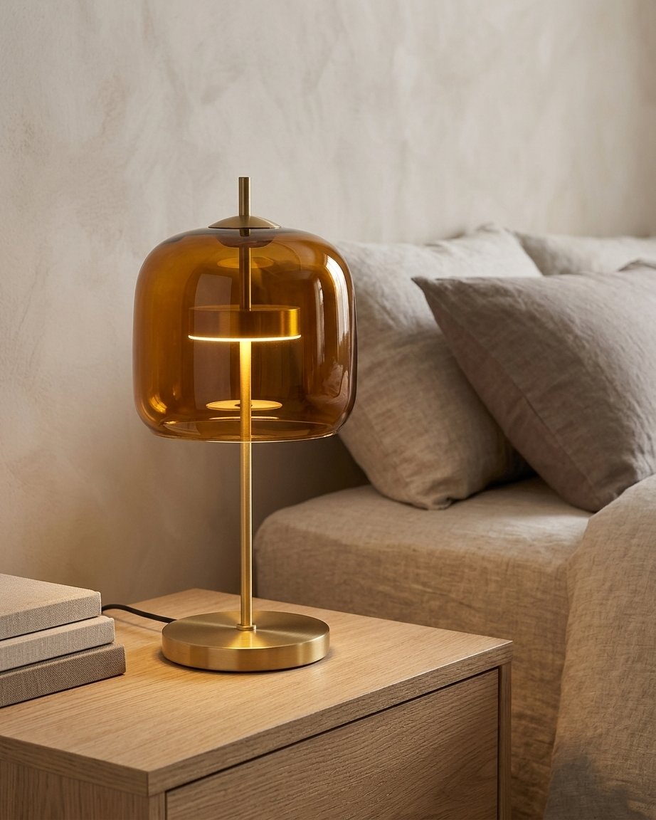 Glass Dome Table Lamp with Gold Iron Base, LED