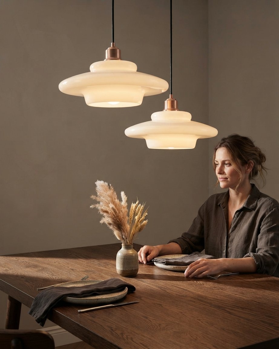 Glass Pendant Light, Mid-Century Tiered Shade, Three Shapes