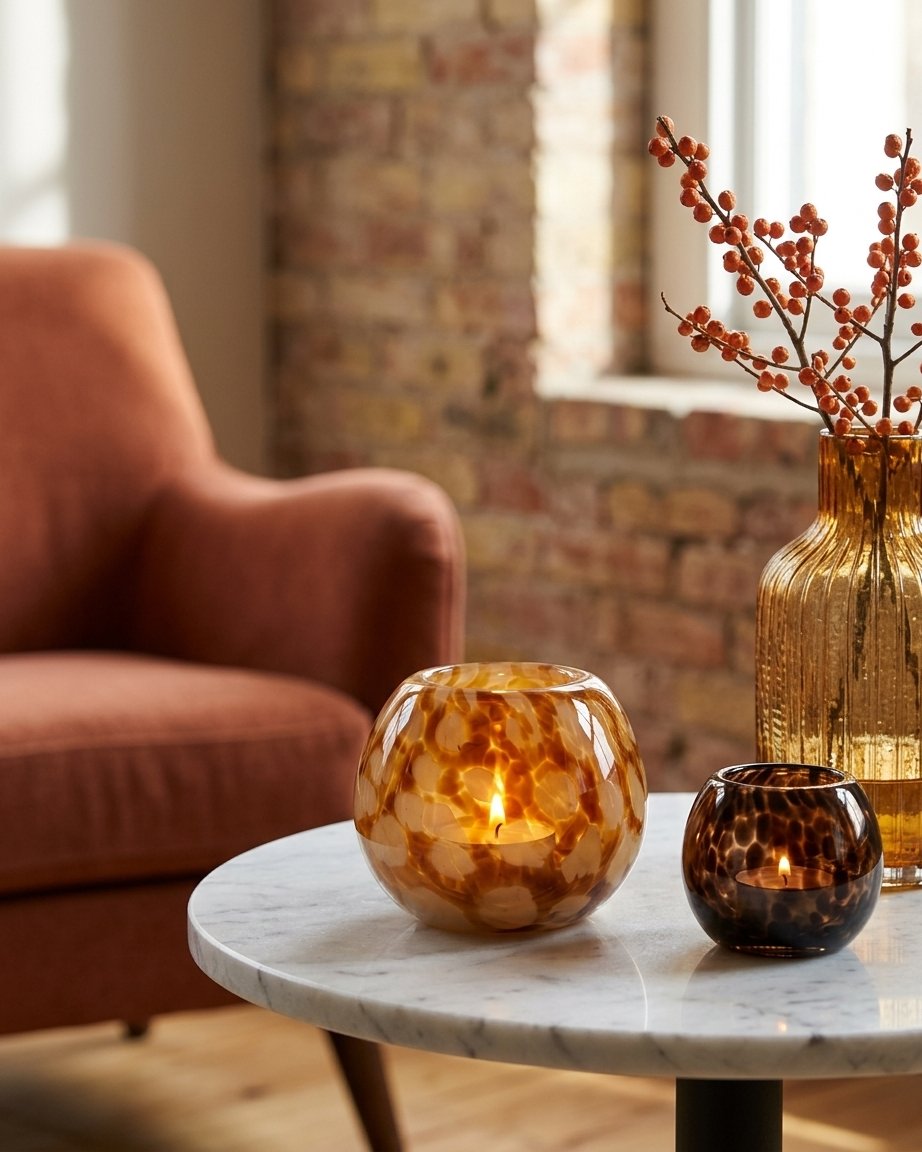 Glass Tealight Holder, Honey Amber Spotted Globe