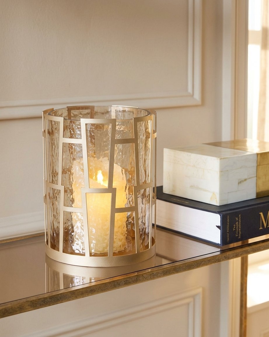 Gold Hurricane Candle Holder with Geometric Metal Frame