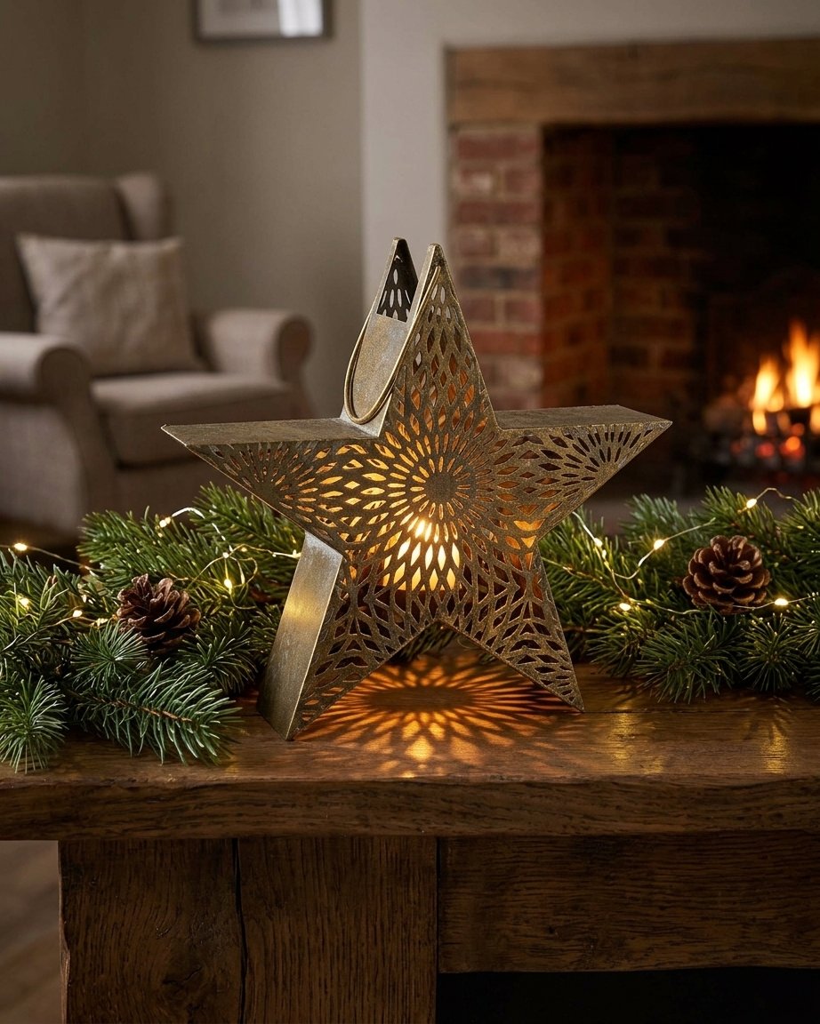 Gold Star Candle Holder with Filigree Cut-out Detail, 33cm