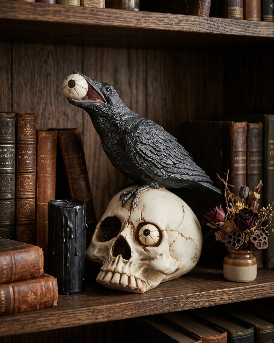 Gothic Raven and Skull Resin Sculpture with Eyeball Detail