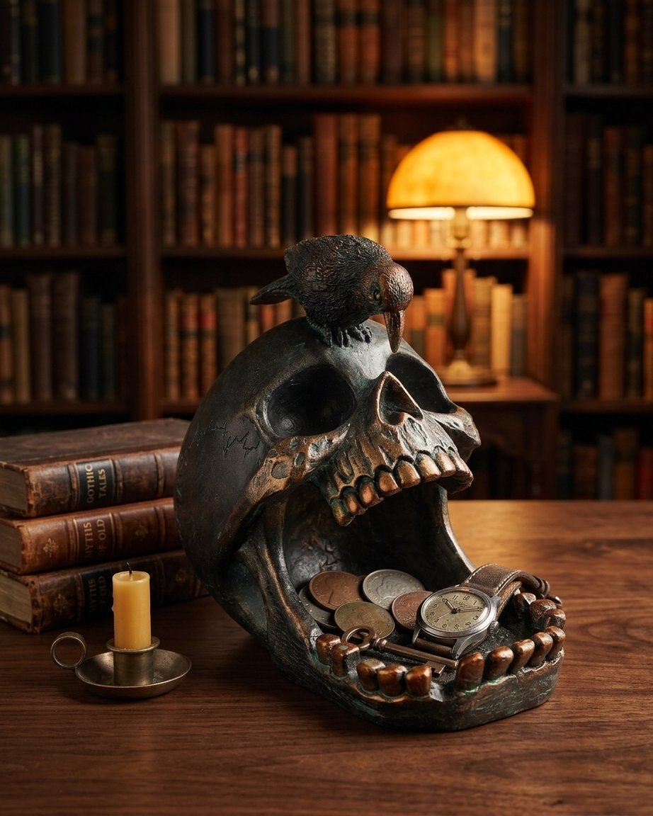 Gothic Skull and Raven Decorative Resin Tray with Dark Weathered Finish
