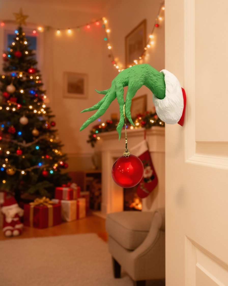 Green Monster Arm Christmas Wall Decoration with Santa Hat