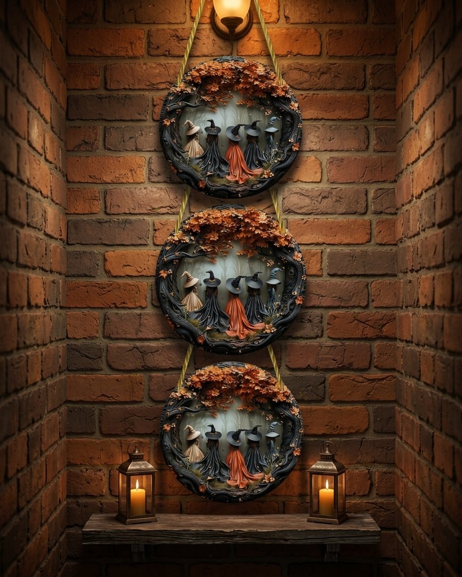 Halloween 3D Relief Witch Wall Plaque with Gnarled Branch Border and Rope Hanger