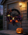 Halloween Door Wreath with Black Roses, Spiderweb Centre and Glitter Ornaments