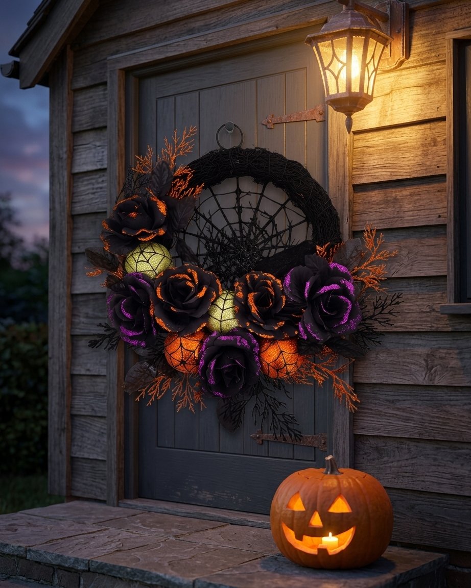 Halloween Door Wreath with Black Roses, Spiderweb Centre and Glitter Ornaments