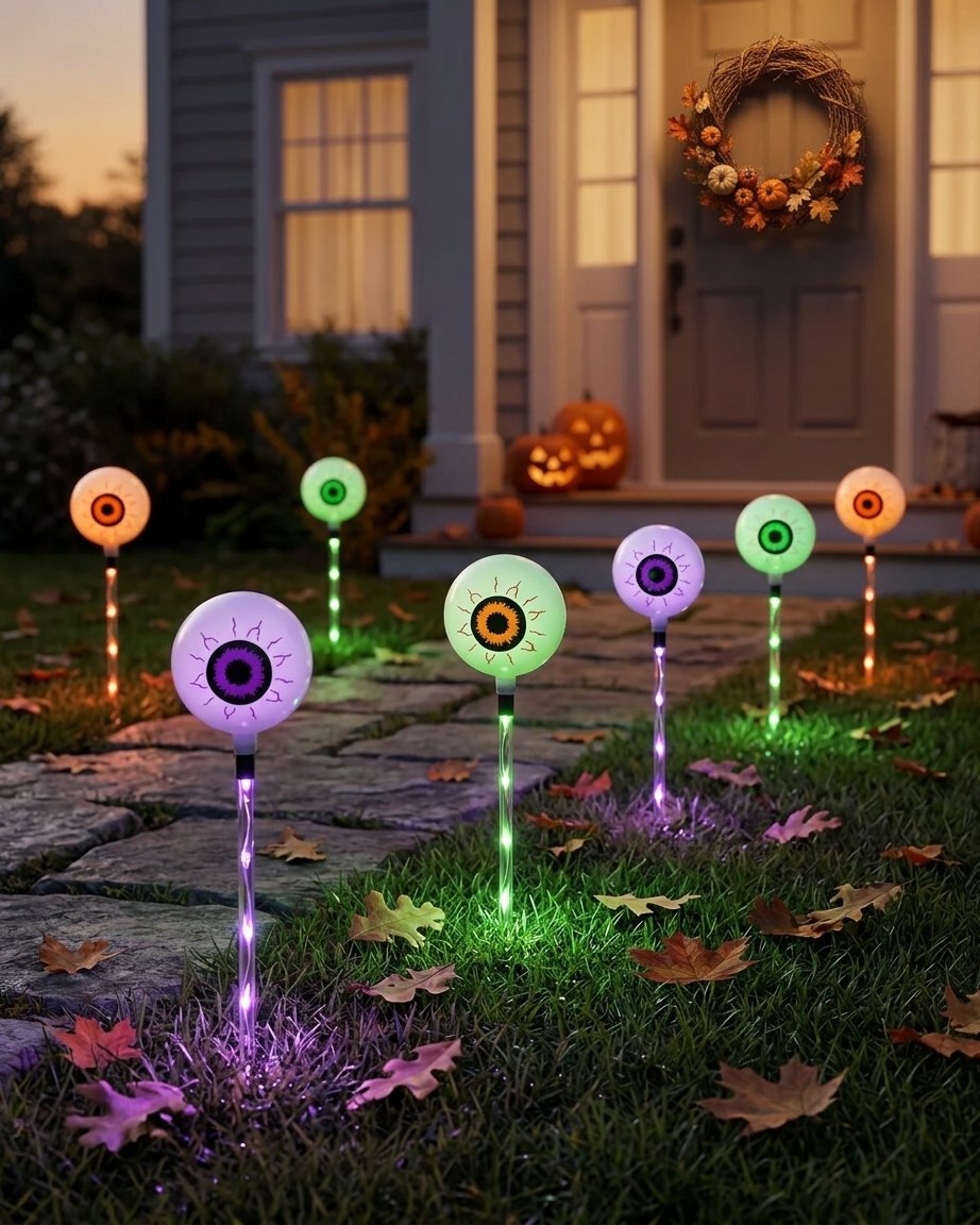 Halloween Eyeball Solar or Battery Garden Stake Lights with LED Illuminated Stakes – Set of 6