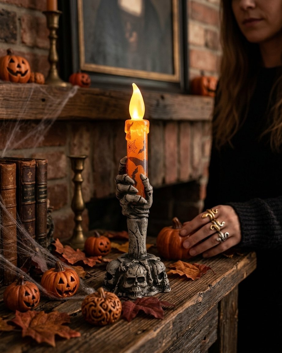 Halloween Flameless LED Taper Candle with Skeleton Hand Holder – Battery Operated, Orange or Green