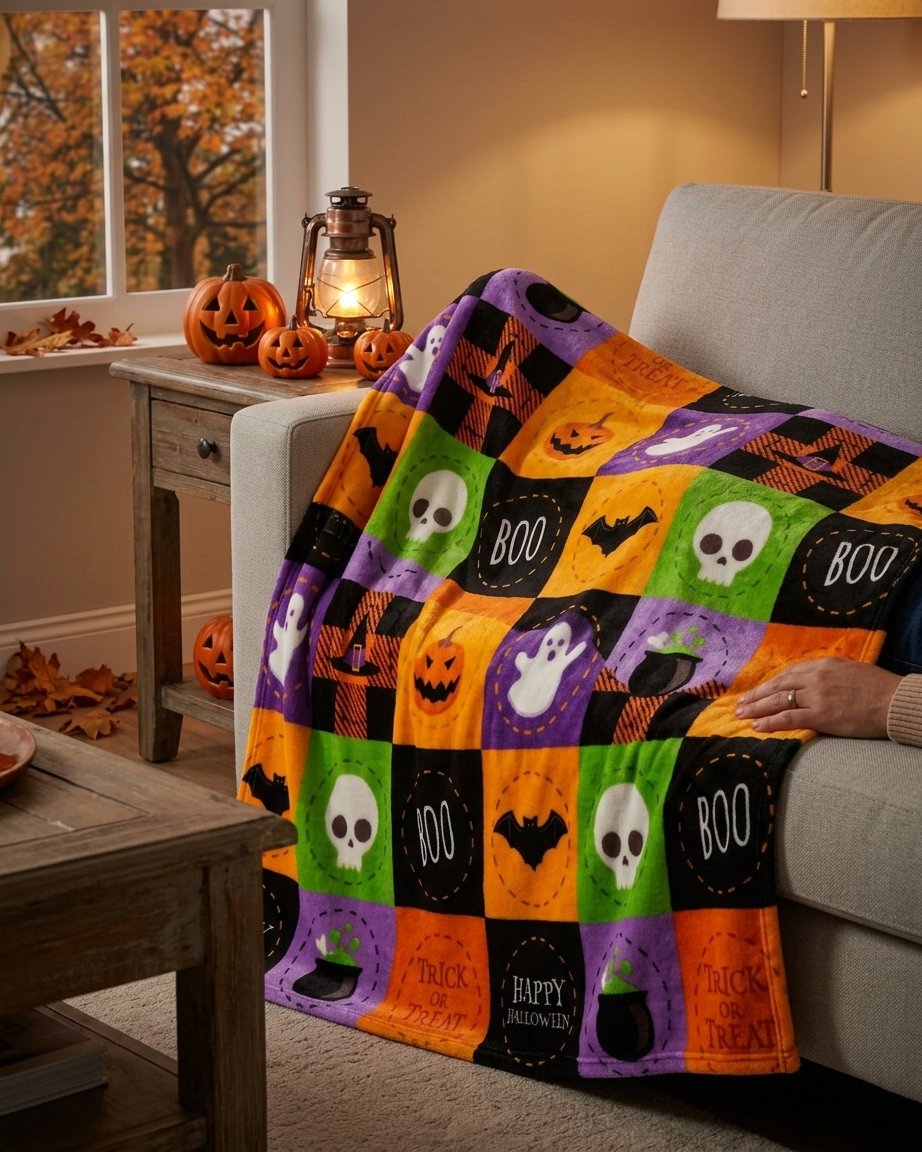 Halloween Fleece Throw Blanket with Bat, Ghost and Pumpkin Pattern