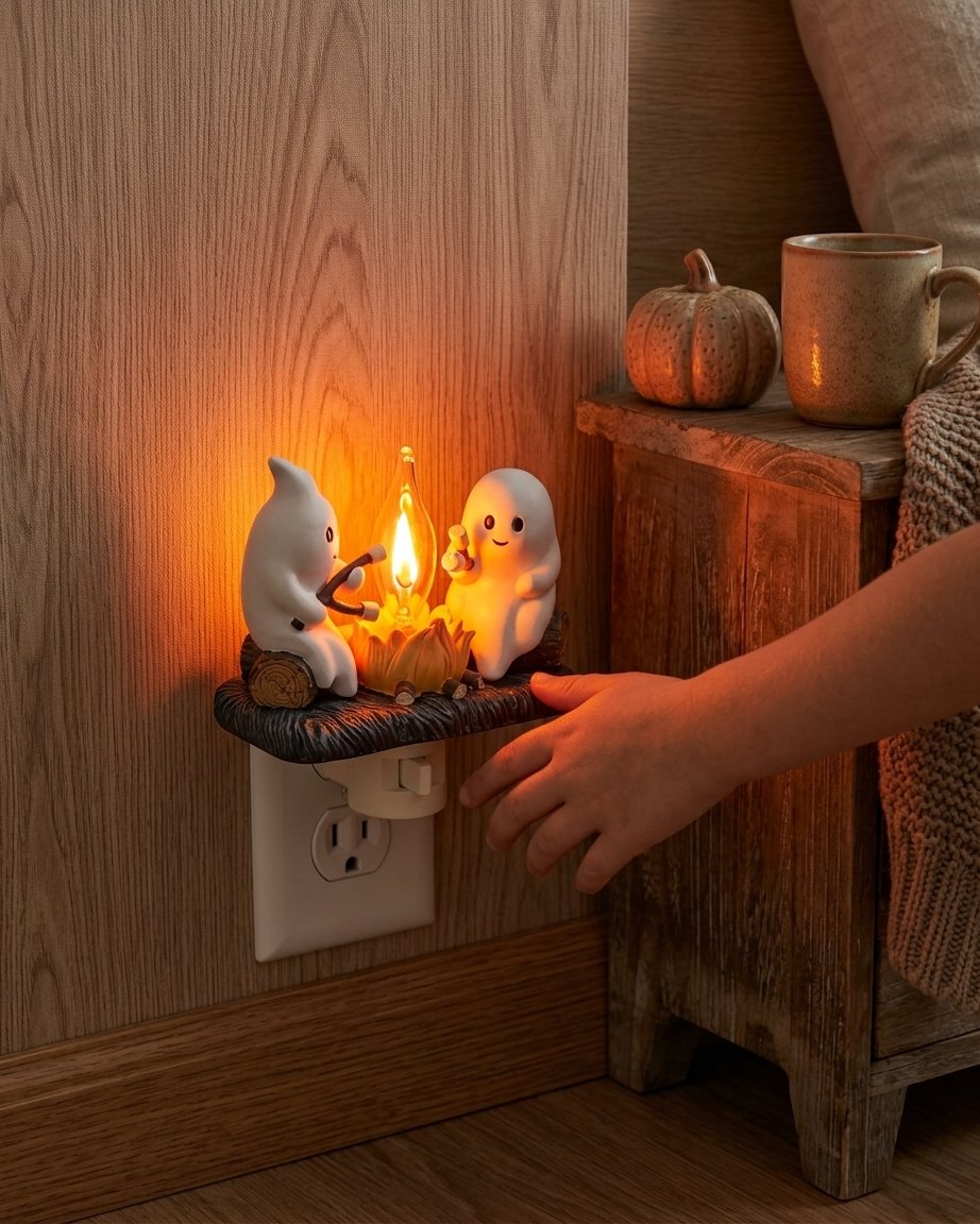 Halloween Ghost Campfire Plug-In LED Night Light with Two Ghost Figures Roasting Marshmallows