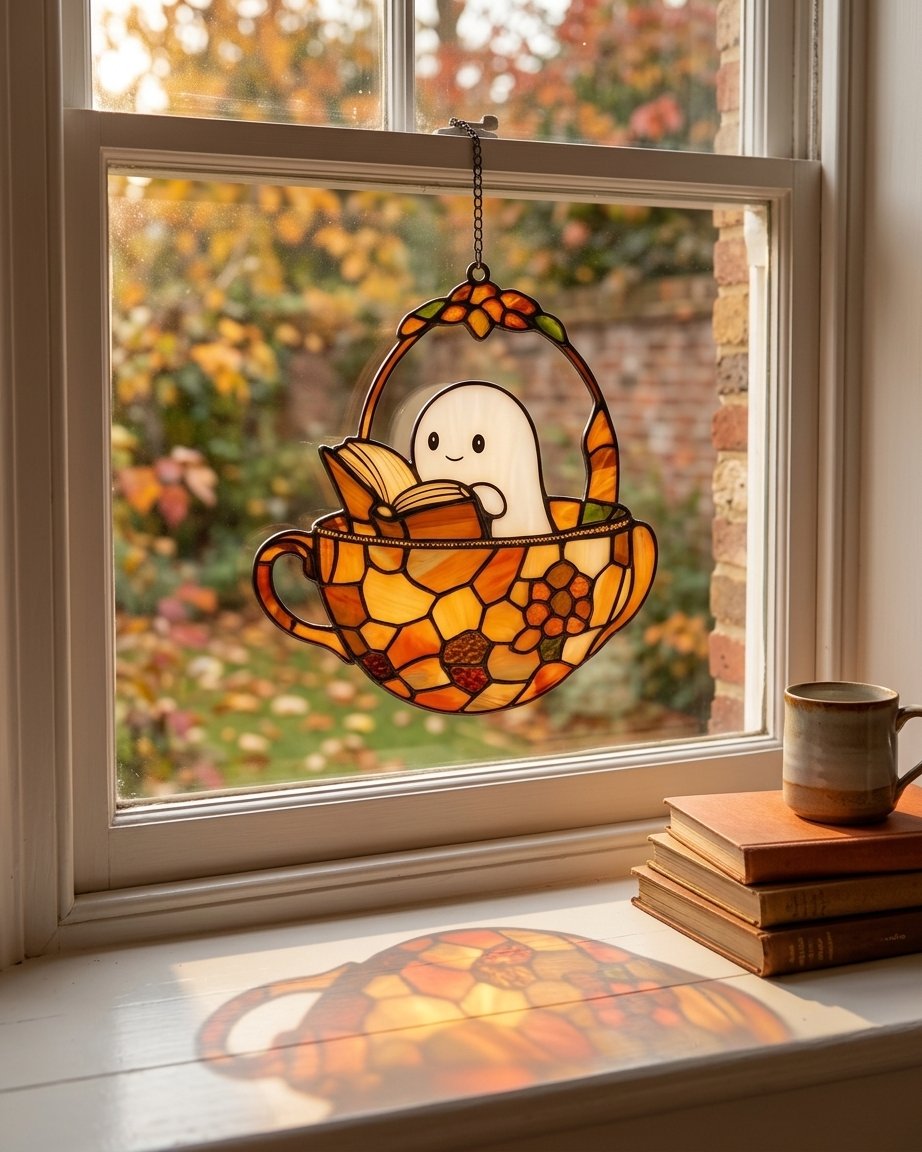 Halloween Ghost Suncatcher – Stained-Glass Style Teacup Window Hanging with Book Design