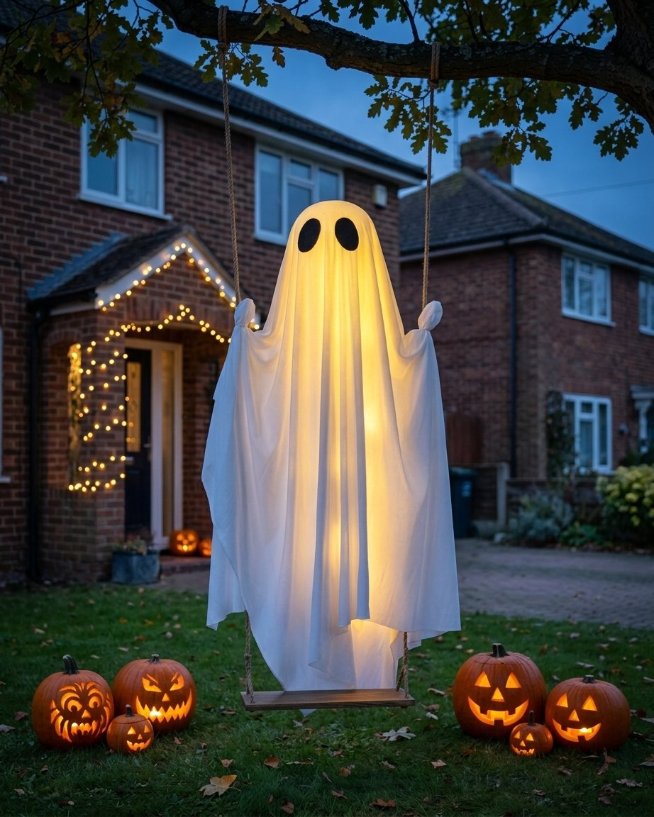 Halloween Hanging Ghost Swing Decoration with LED Light and Remote Control for Outdoor Yards and Porches
