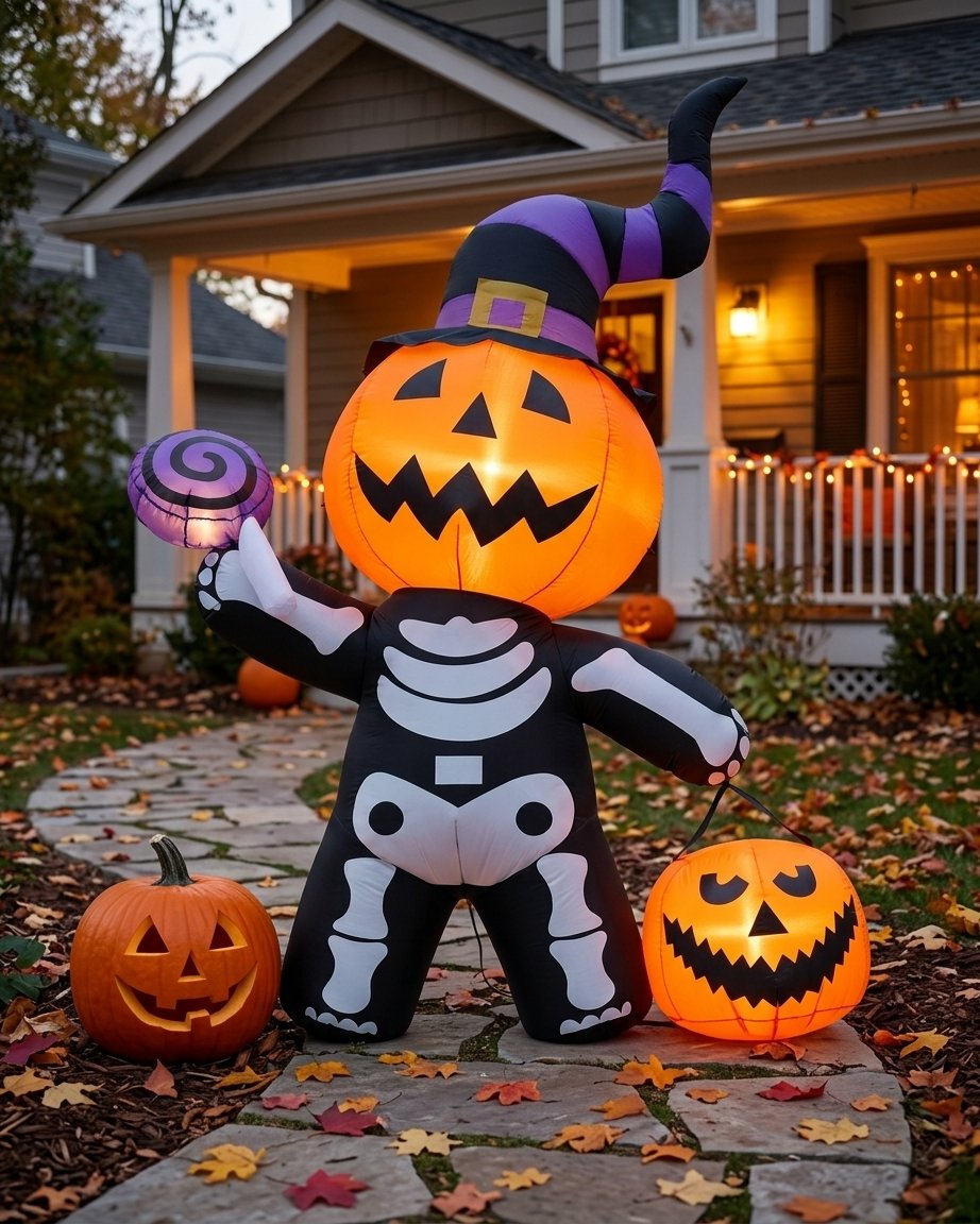 Halloween Inflatable Pumpkin Skeleton with LED Lights – 6 ft Outdoor Decoration