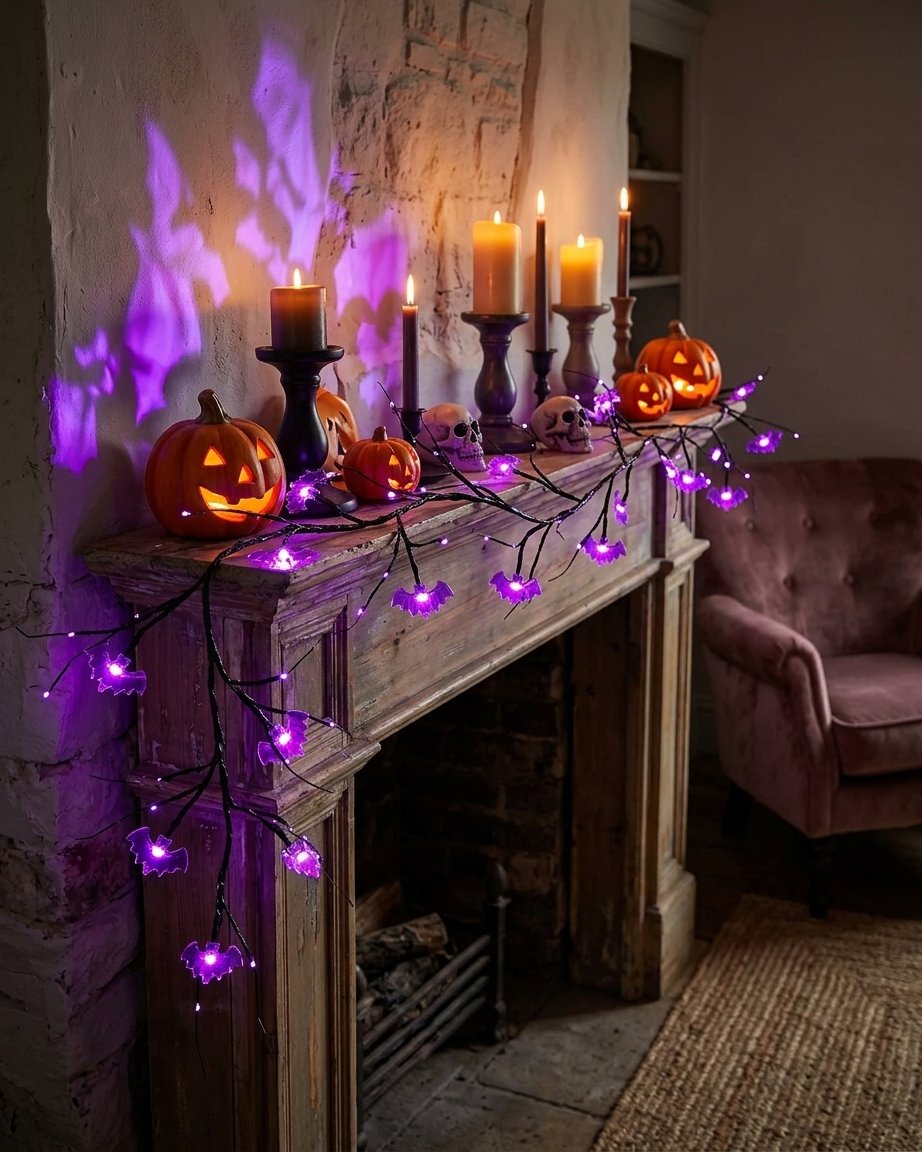 Halloween LED Twig Garland with Pumpkin or Bat Lanterns, Battery Operated, 6 ft